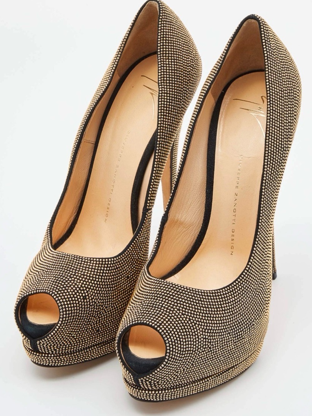 Giuseppe Zanotti Gold Studded Suede Embellished Peep Toe Platform Pumps - Picture 2 of 10